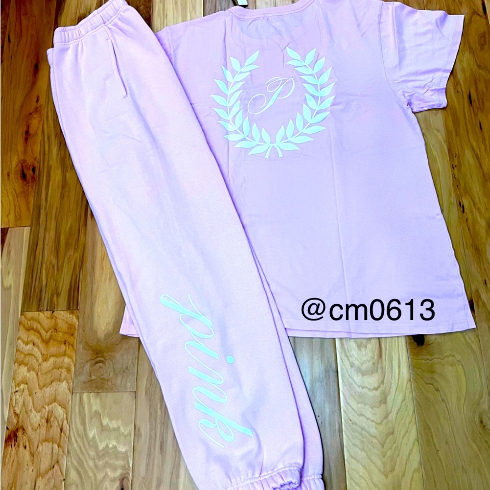 VS PINK SPRING ORCHID OUTFIT OVERSIZED SHIRT AND MATCHING SWEATPANTS SET